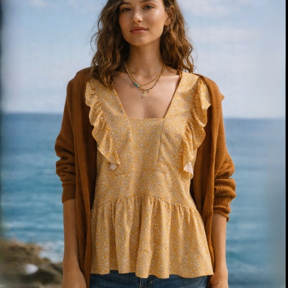 Lands' End Orange Yellow Lightweight Jersey Ruffle Peplum Top Sz XS - Picture 2 of 10